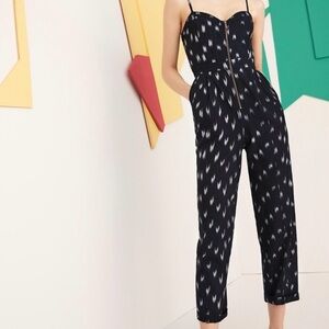 Anthropologie Elevenses Womens Blue Ikat-Zip Front Jumpsuit Size 4 Elegance